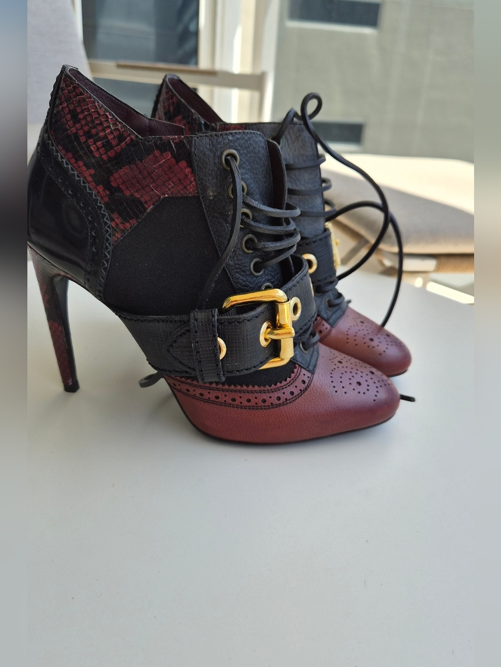 Burberry London Snakeskin & Leather Brogue Lace-Up Ankle Boots - Size 37.5